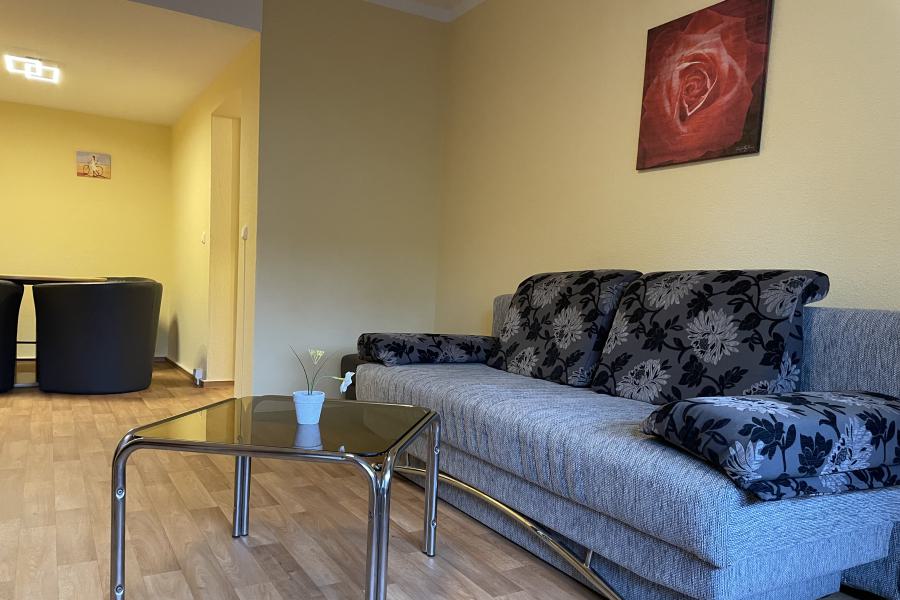 Wohnzimmer mit Esszimmerniesche, Stühlen und Esstisch, Couch mit Kissen und Couchtisch.